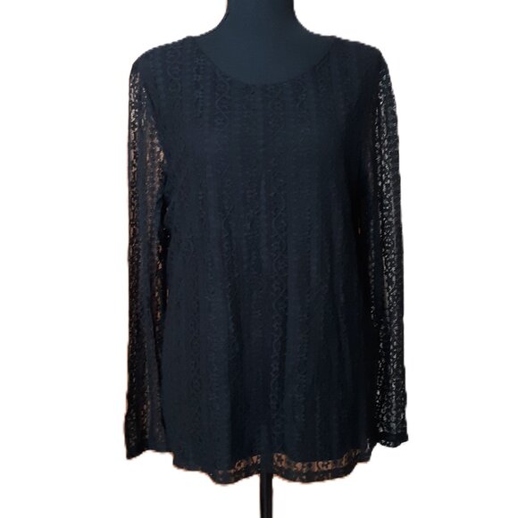 Chico's Black Lace Blouse Dressy Whimsygoth Long Sheer Lace Sleeves  Size Large - Picture 1 of 10